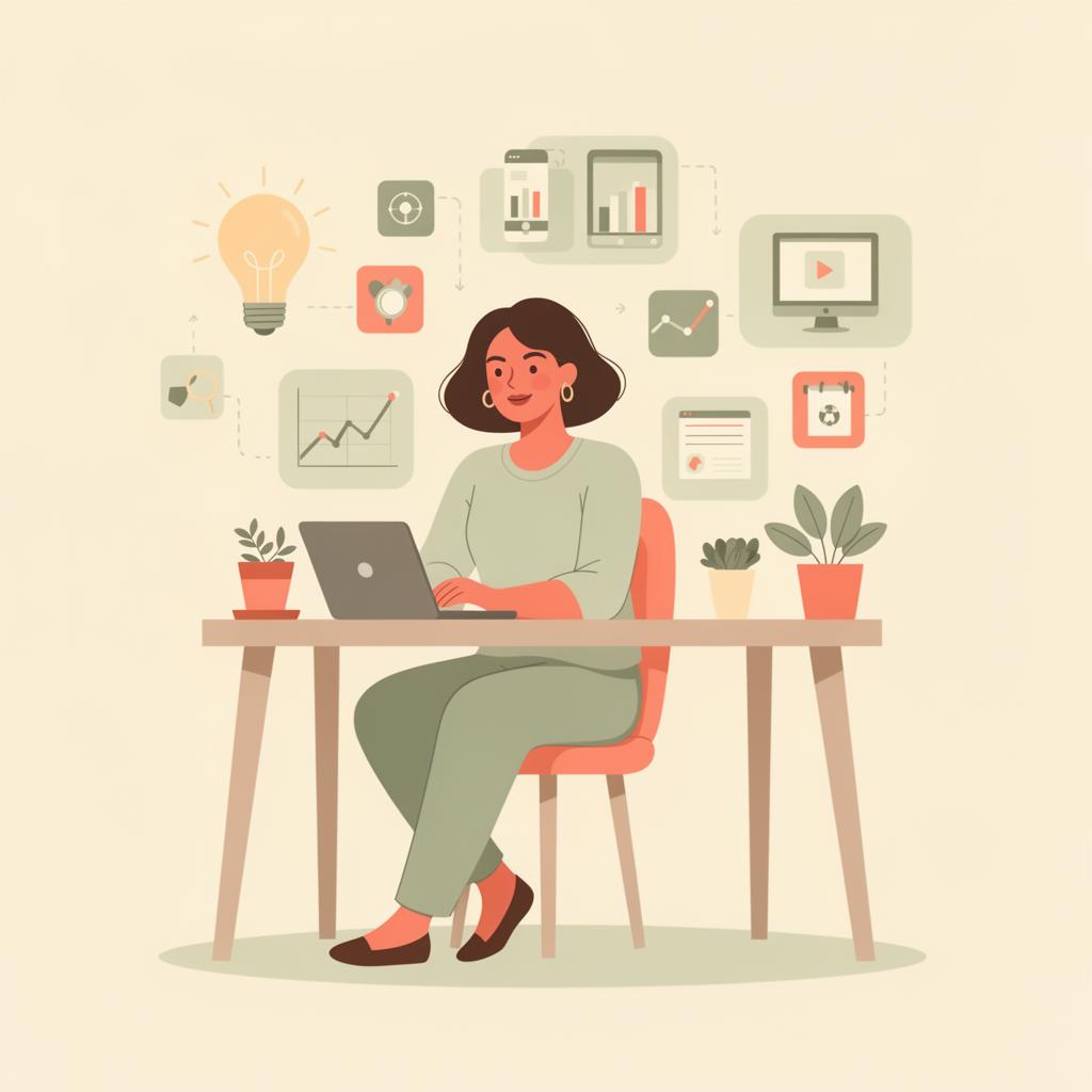 Stay-at-home mom confidently working on her digital product business